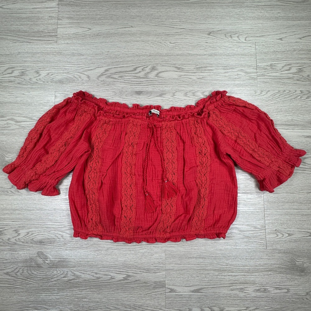 American Eagle Women's Top Off The Shoulder Lace Cotton Gauze Red Large Boho